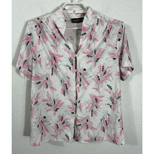 Vintage 80s Top Size M Pink Floral Short Sleeve Polyester Button Up